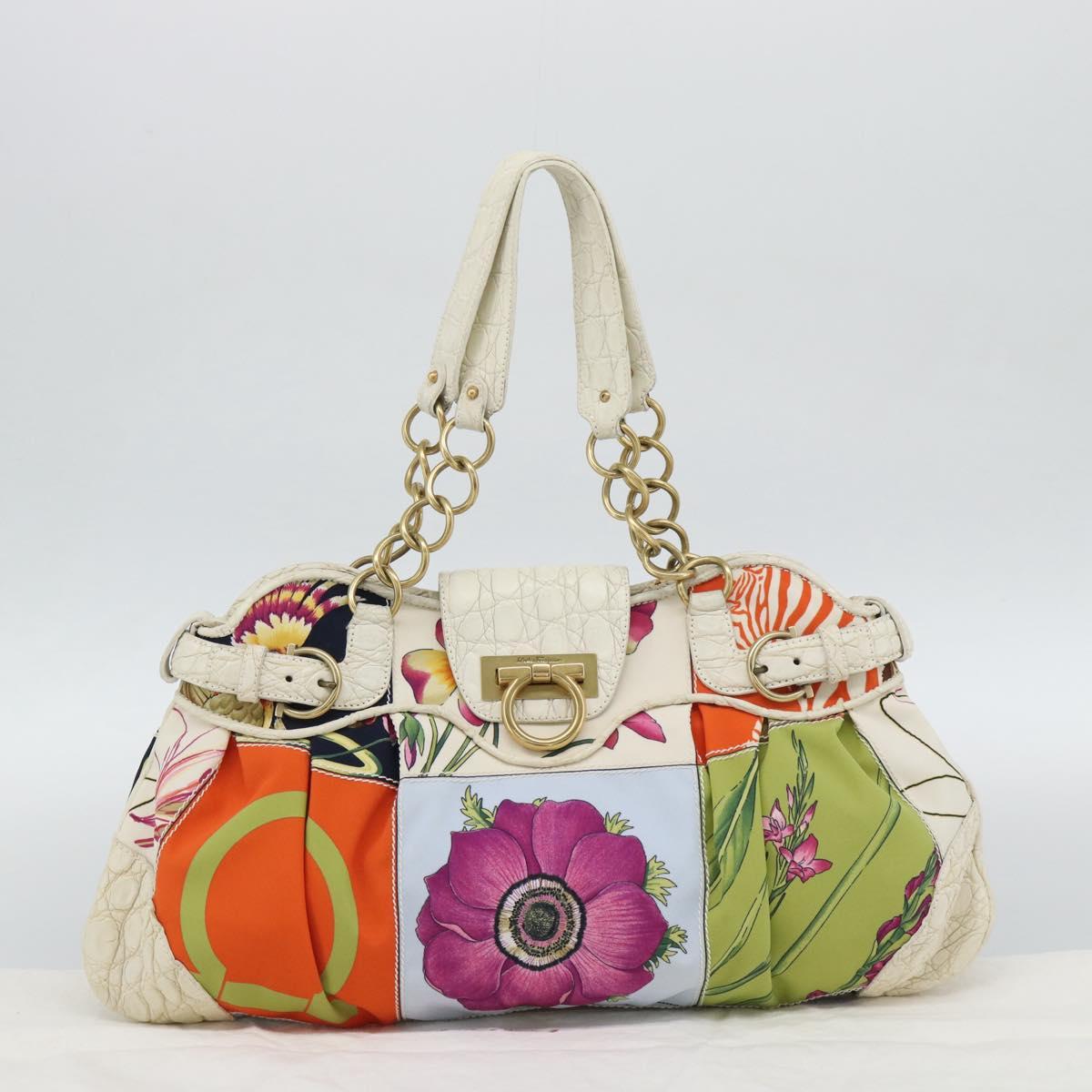 Salvatore Ferragamo Gancini Chain Hand Bag Nylon White Gold Auth 194550A