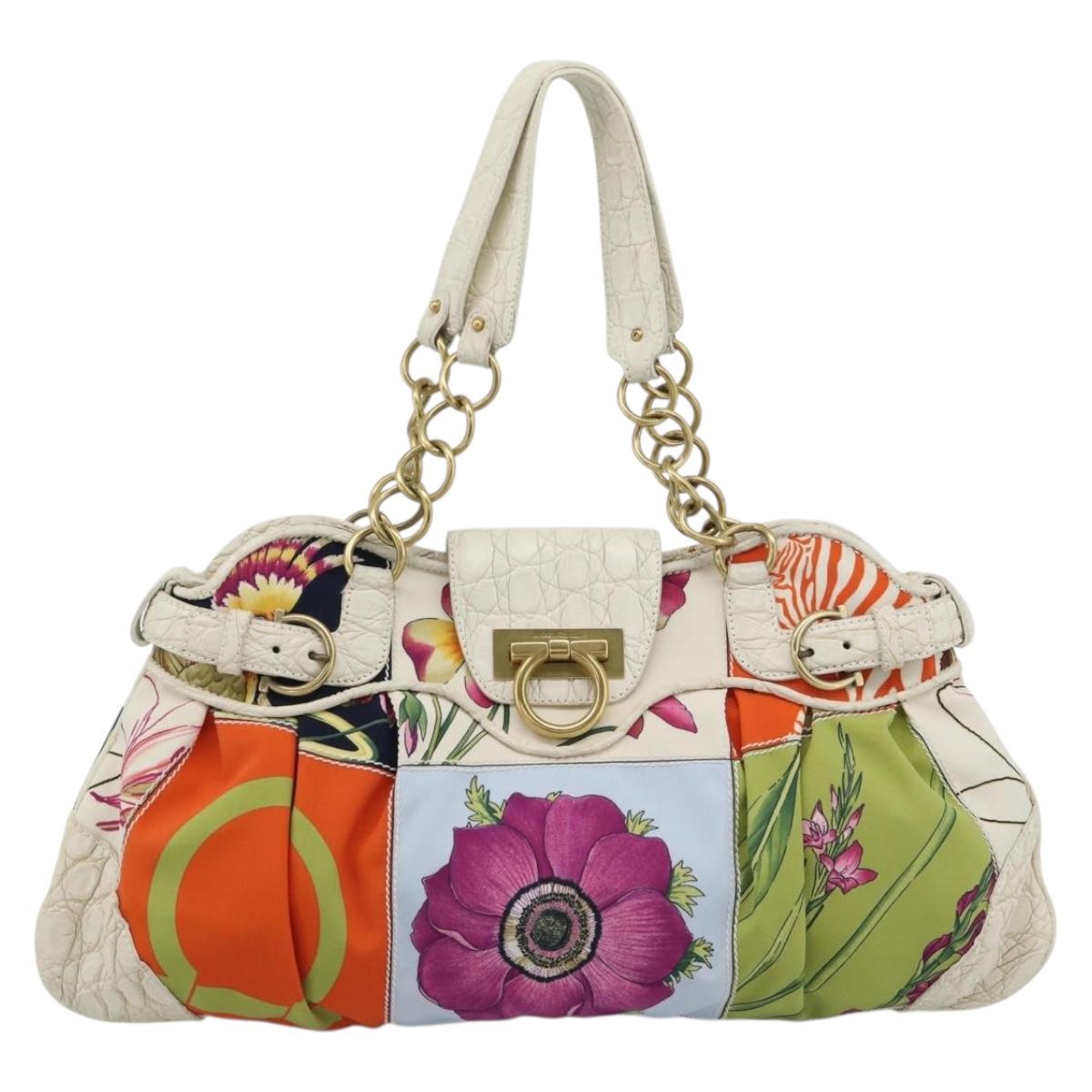 Salvatore Ferragamo Gancini Chain Hand Bag Nylon White Gold Auth 194550A
