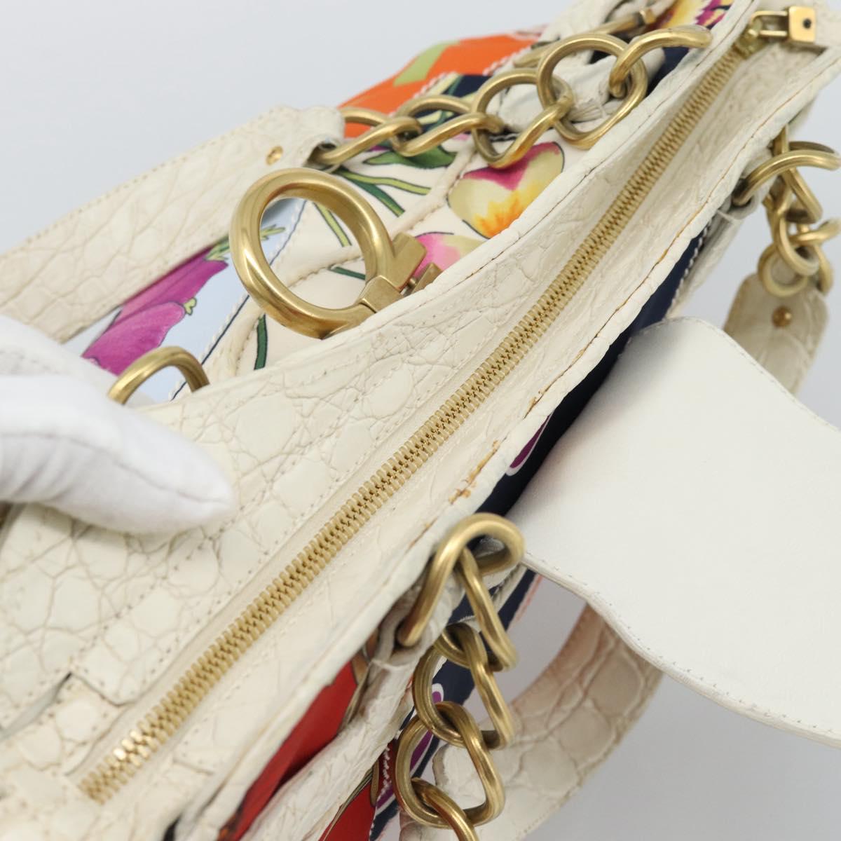 Salvatore Ferragamo Gancini Chain Hand Bag Nylon White Gold Auth 194550A
