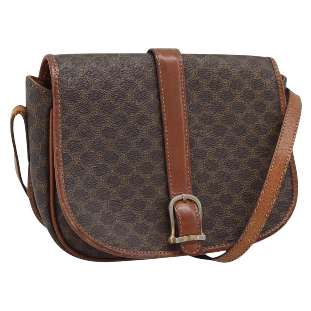 CELINE Macadam Canvas Shoulder Bag PVC Leather Brown Gold Auth 194551