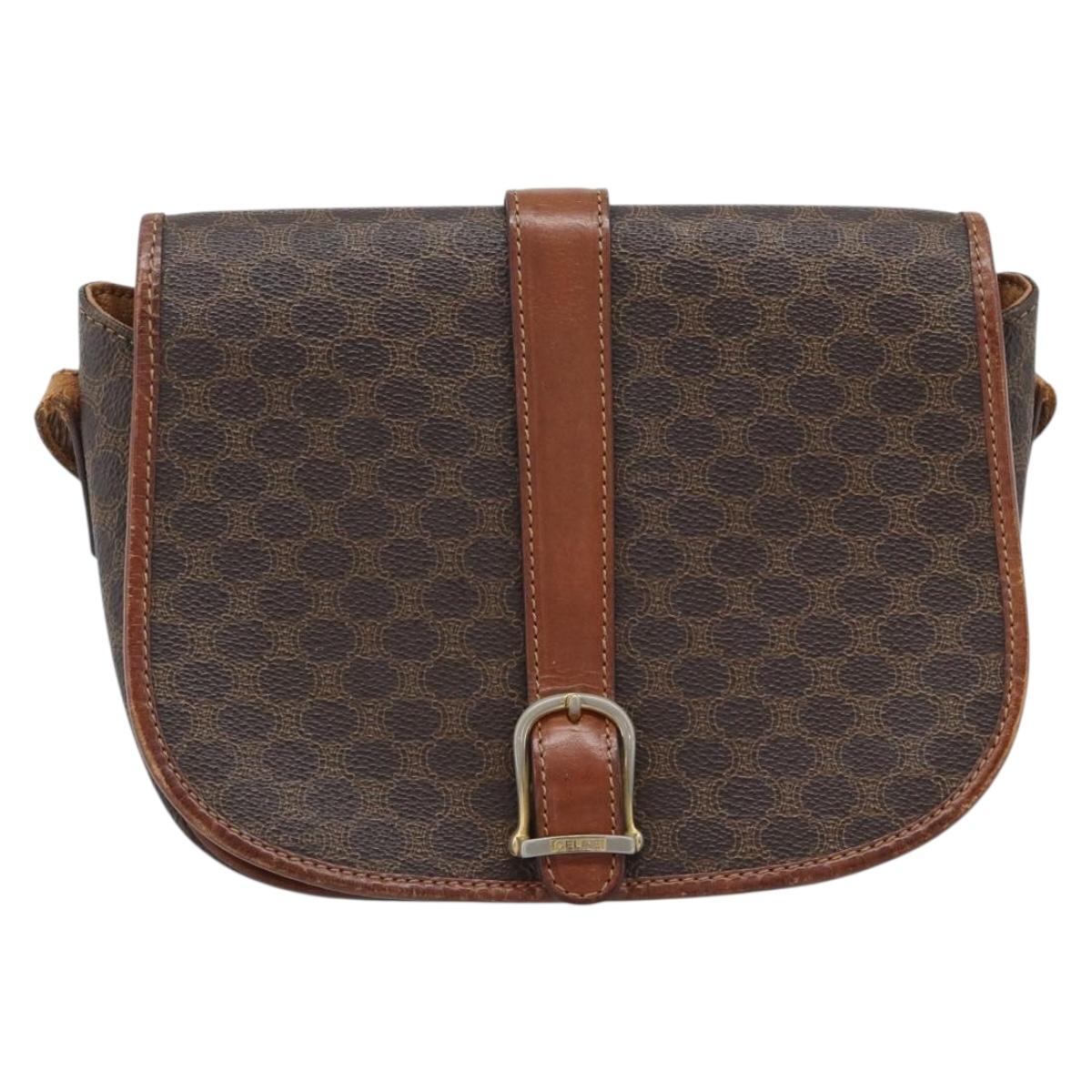 CELINE Macadam Canvas Shoulder Bag PVC Leather Brown Gold Auth 194551