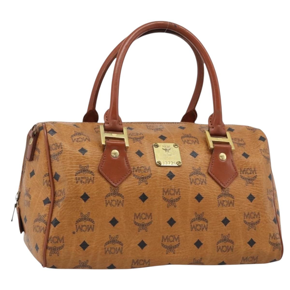 MCM Logogram Vicetos Boston Bag PVC Leather Brown Gold Auth 194565