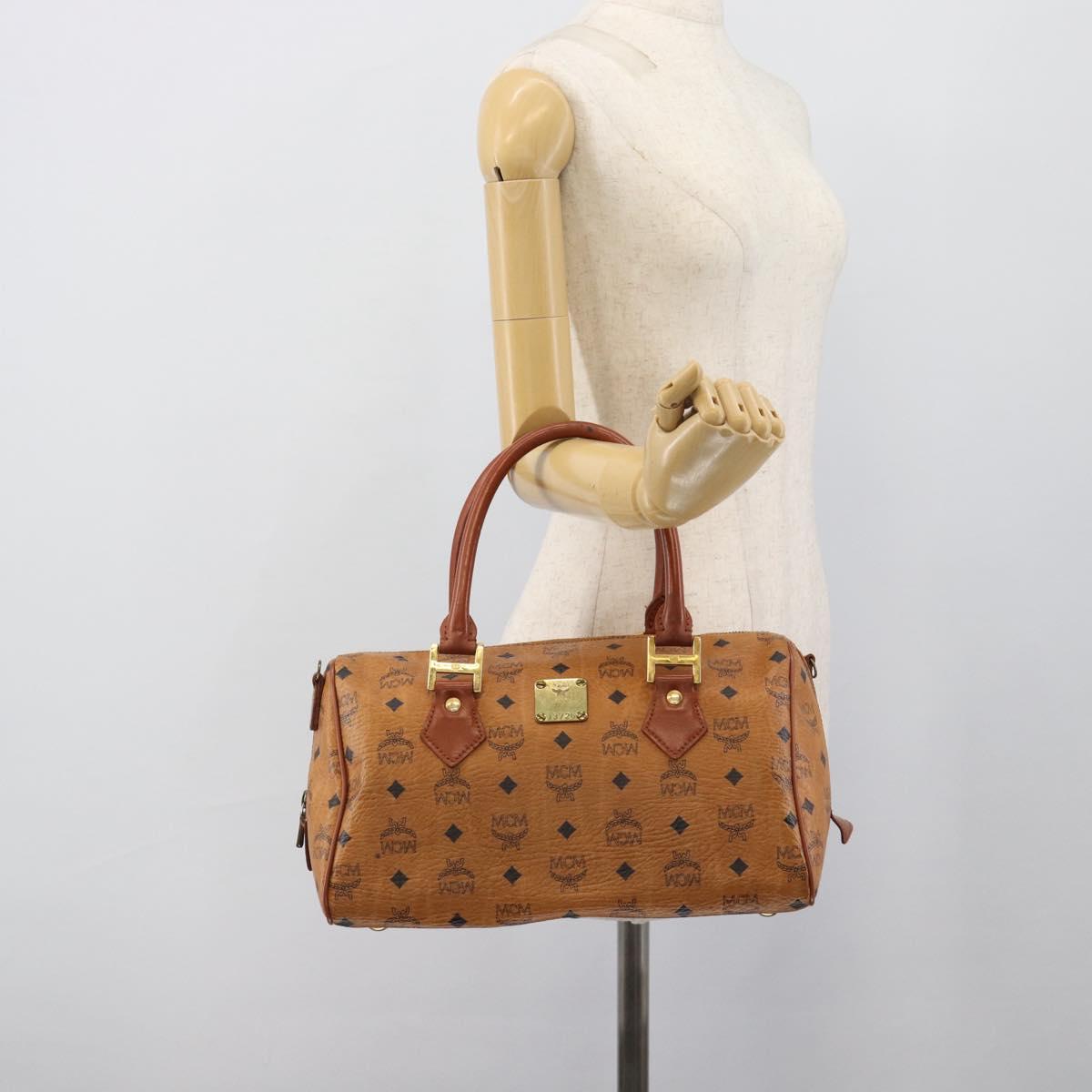 MCM Logogram Vicetos Boston Bag PVC Leather Brown Gold Auth 194565