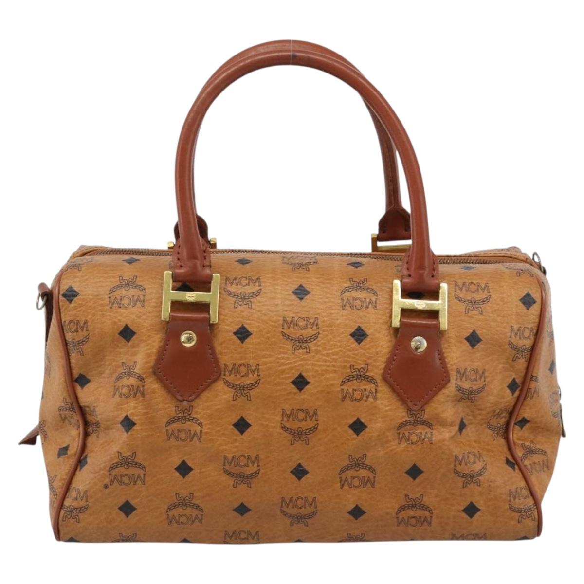 MCM Logogram Vicetos Boston Bag PVC Leather Brown Gold Auth 194565