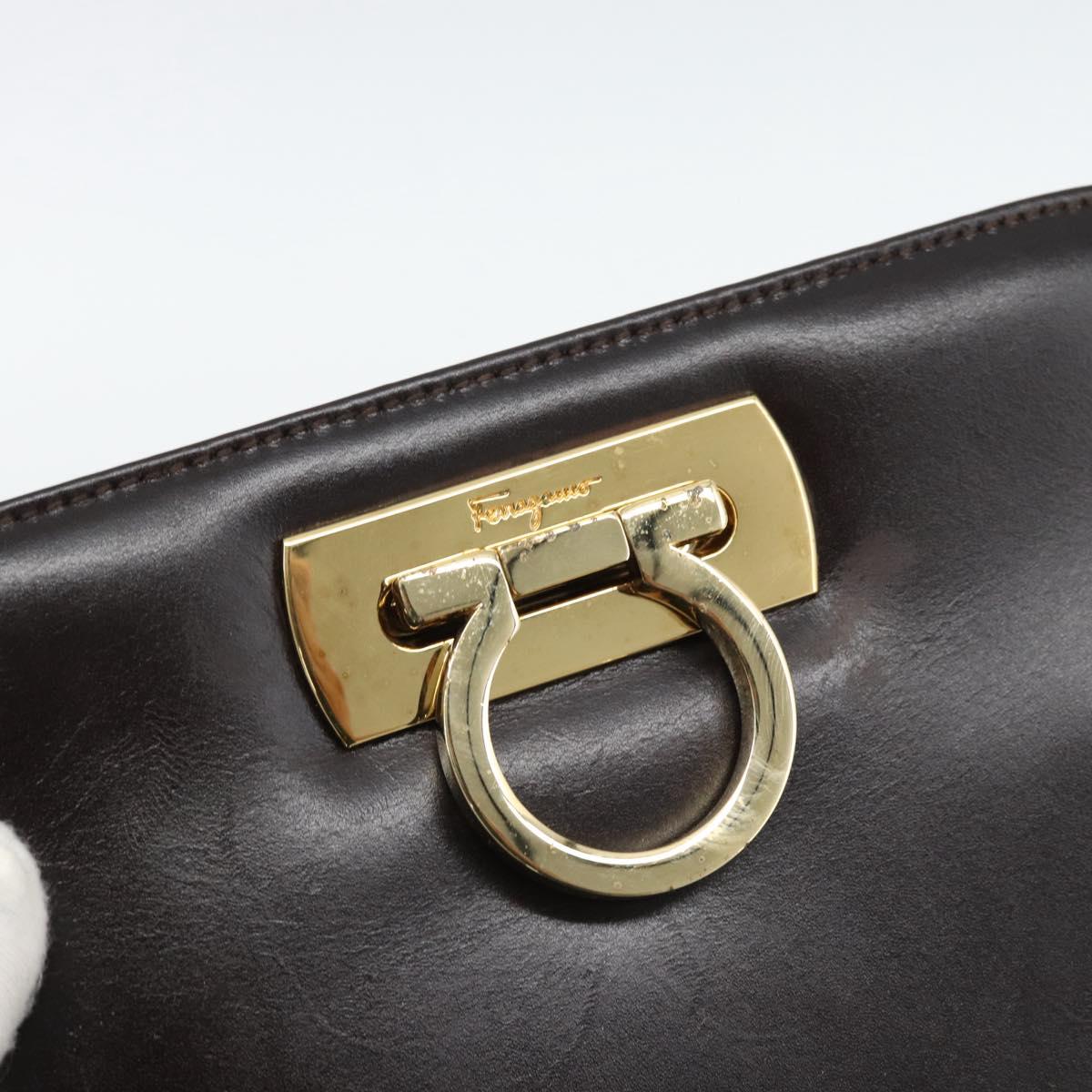 Salvatore Ferragamo Gancini Chain Bag Leather Dark Brown Gold Auth 194570A