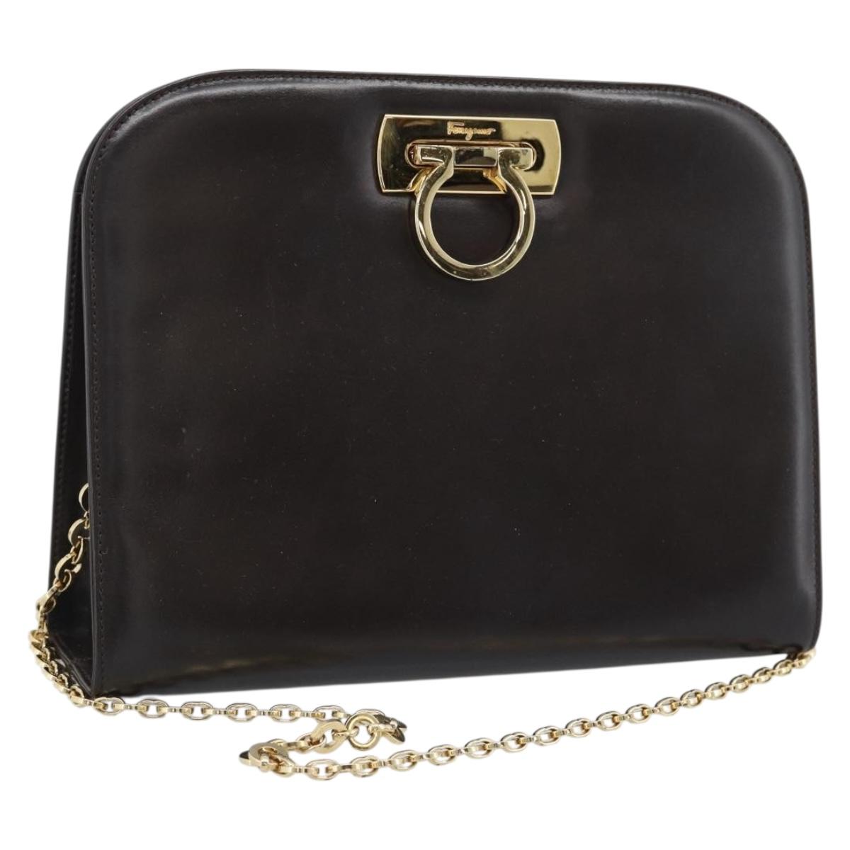 Salvatore Ferragamo Gancini Chain Bag Leather Dark Brown Gold Auth 194570A