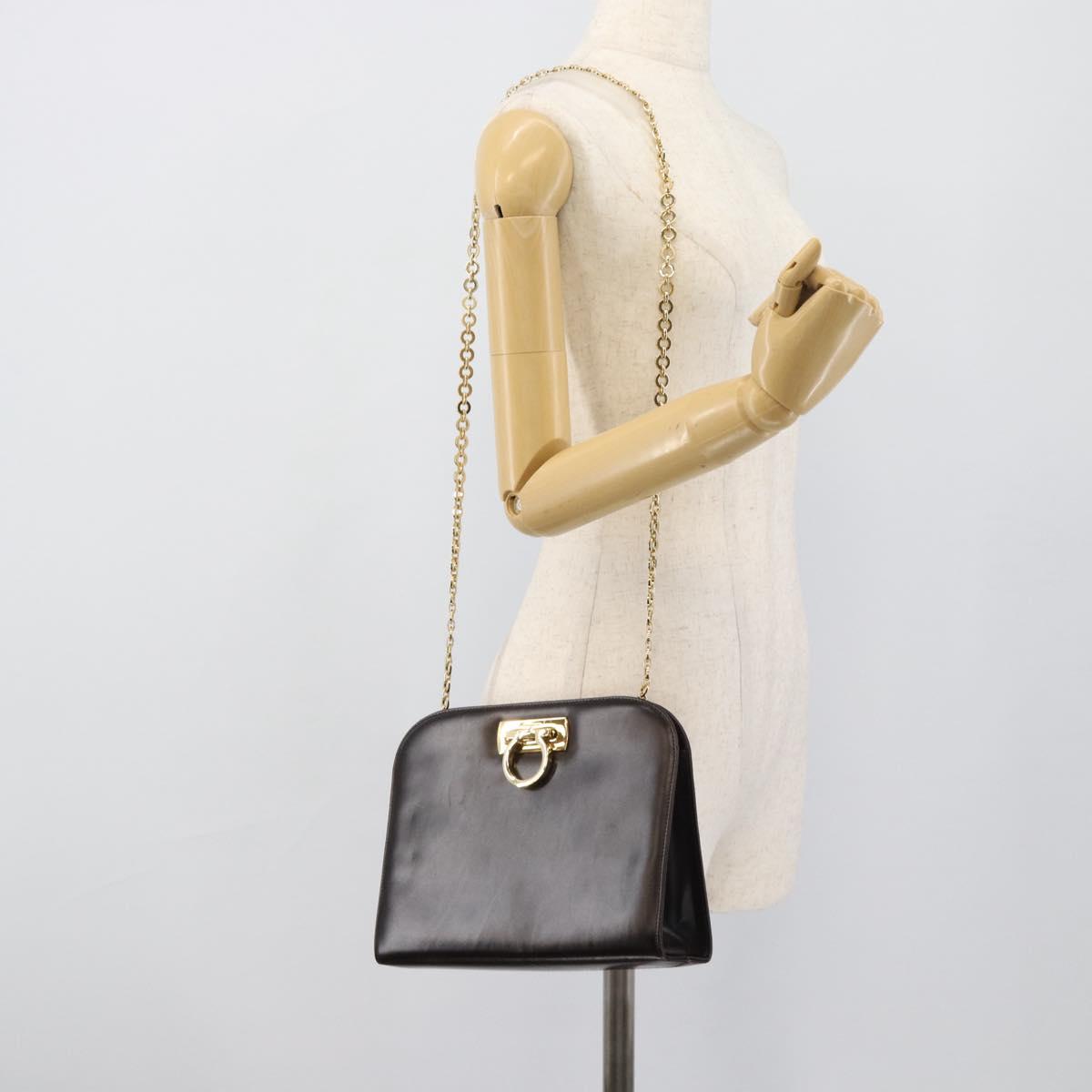 Salvatore Ferragamo Gancini Chain Bag Leather Dark Brown Gold Auth 194570A