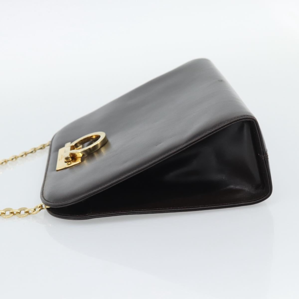 Salvatore Ferragamo Gancini Chain Bag Leather Dark Brown Gold Auth 194570A