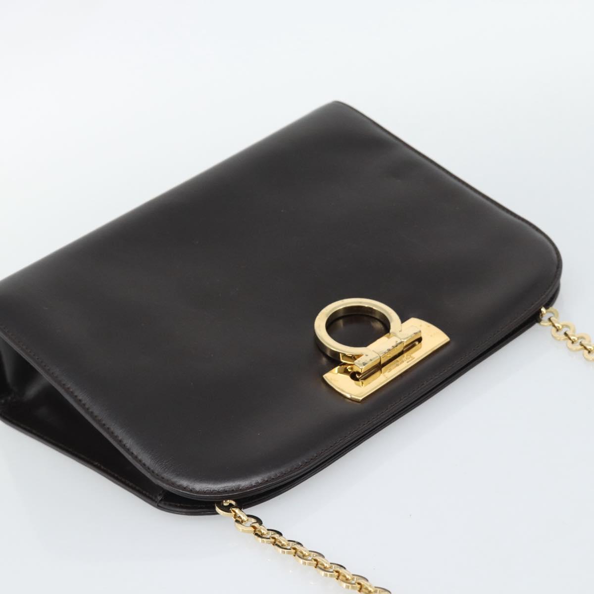 Salvatore Ferragamo Gancini Chain Bag Leather Dark Brown Gold Auth 194570A
