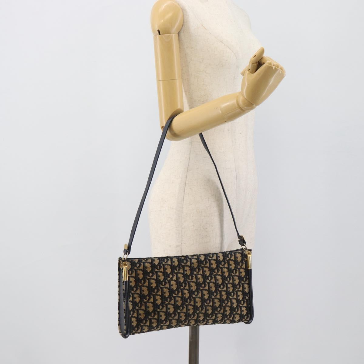 Christian Dior Trotter Canvas Shoulder Bag Navy Gold Auth 194579