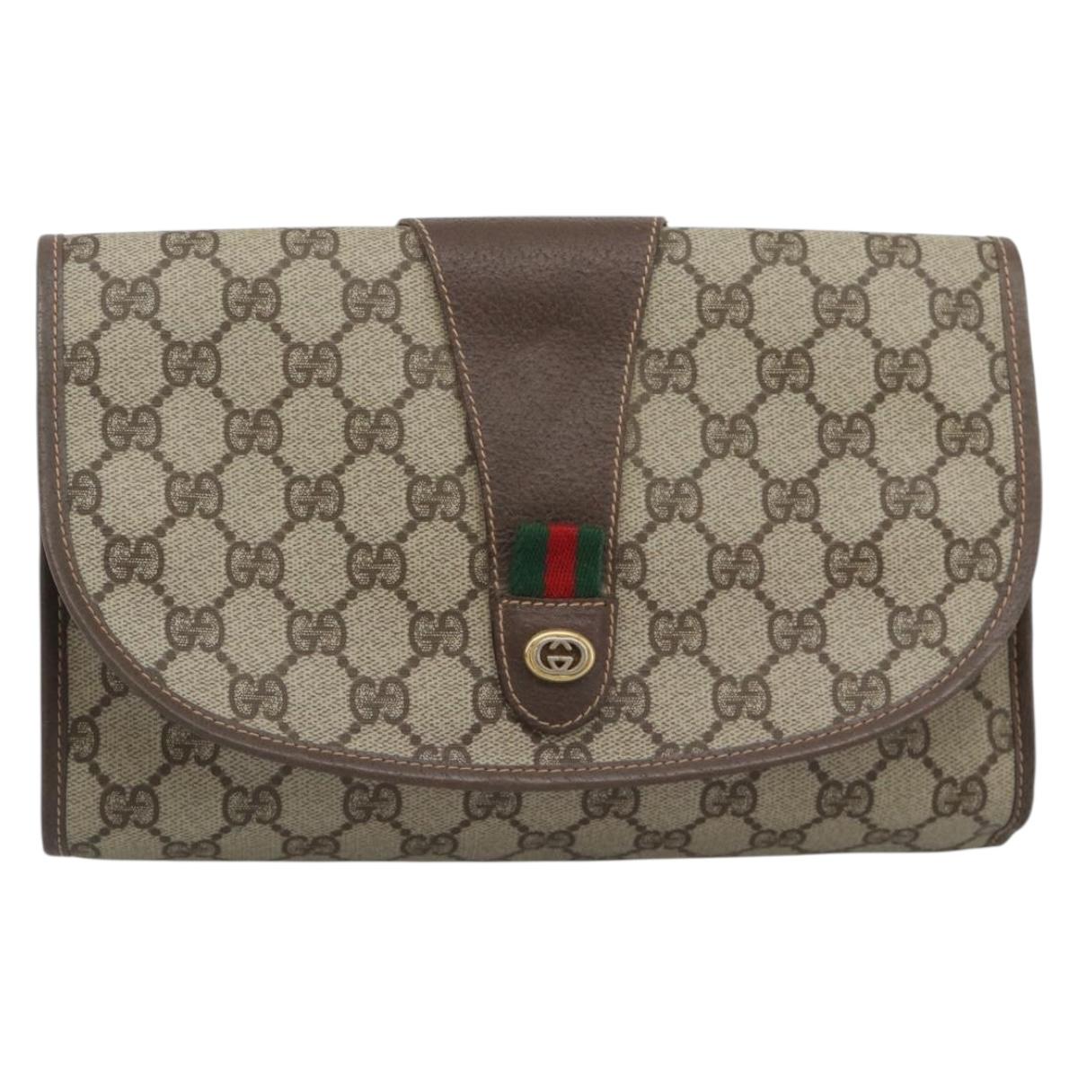 GUCCI GG Supreme Web Sherry Line Clutch Bag PVC Beige 156 01 030 Auth 194580