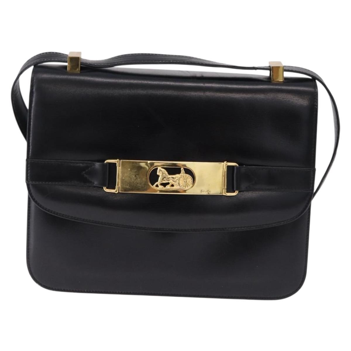 CELINE Horse Carriage Shoulder Bag Leather Black Gold Auth 194581