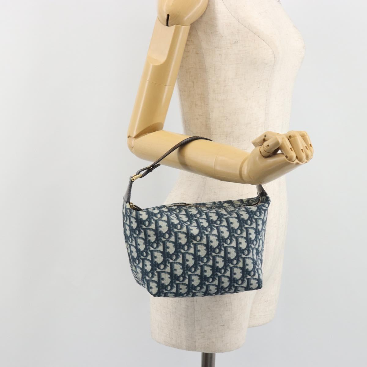 Christian Dior Trotter Canvas Hand Bag PVC Navy Gold Auth 194595V