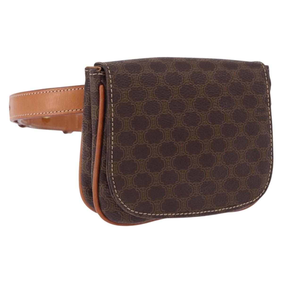 CELINE Macadam Canvas Waist Pouch PVC Leather Brown Gold Auth 194626A