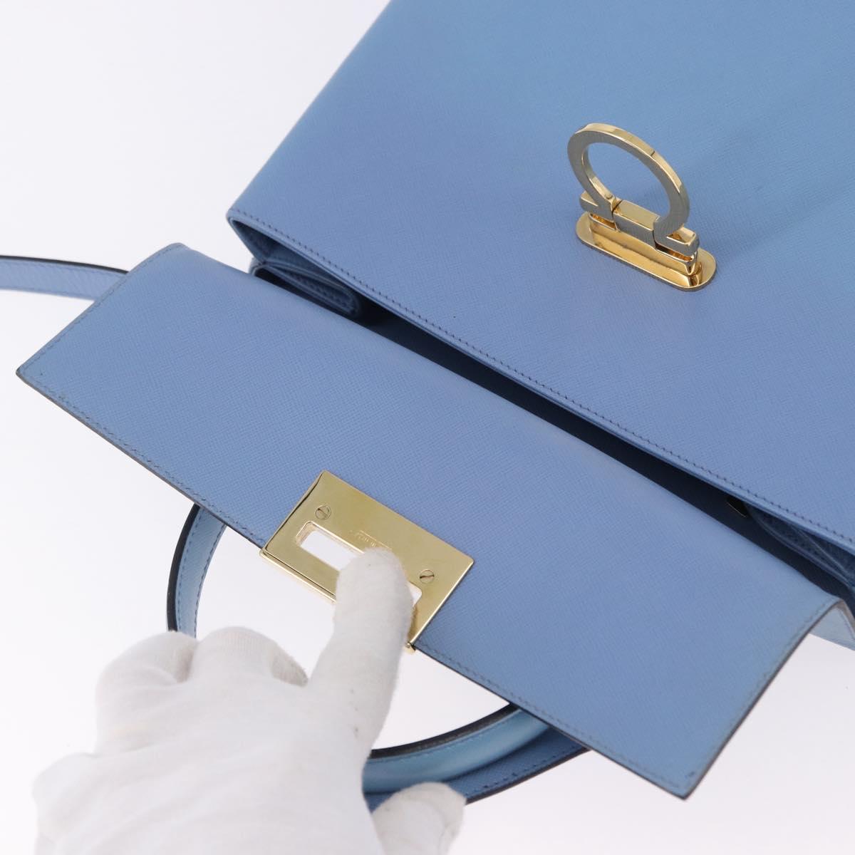 Salvatore Ferragamo Gancini Hand Bag Leather 2way Light Blue Gold Auth 194641A