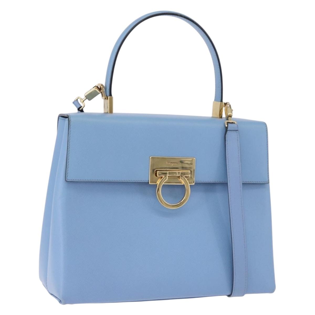 Salvatore Ferragamo Gancini Hand Bag Leather 2way Light Blue Gold Auth 194641A