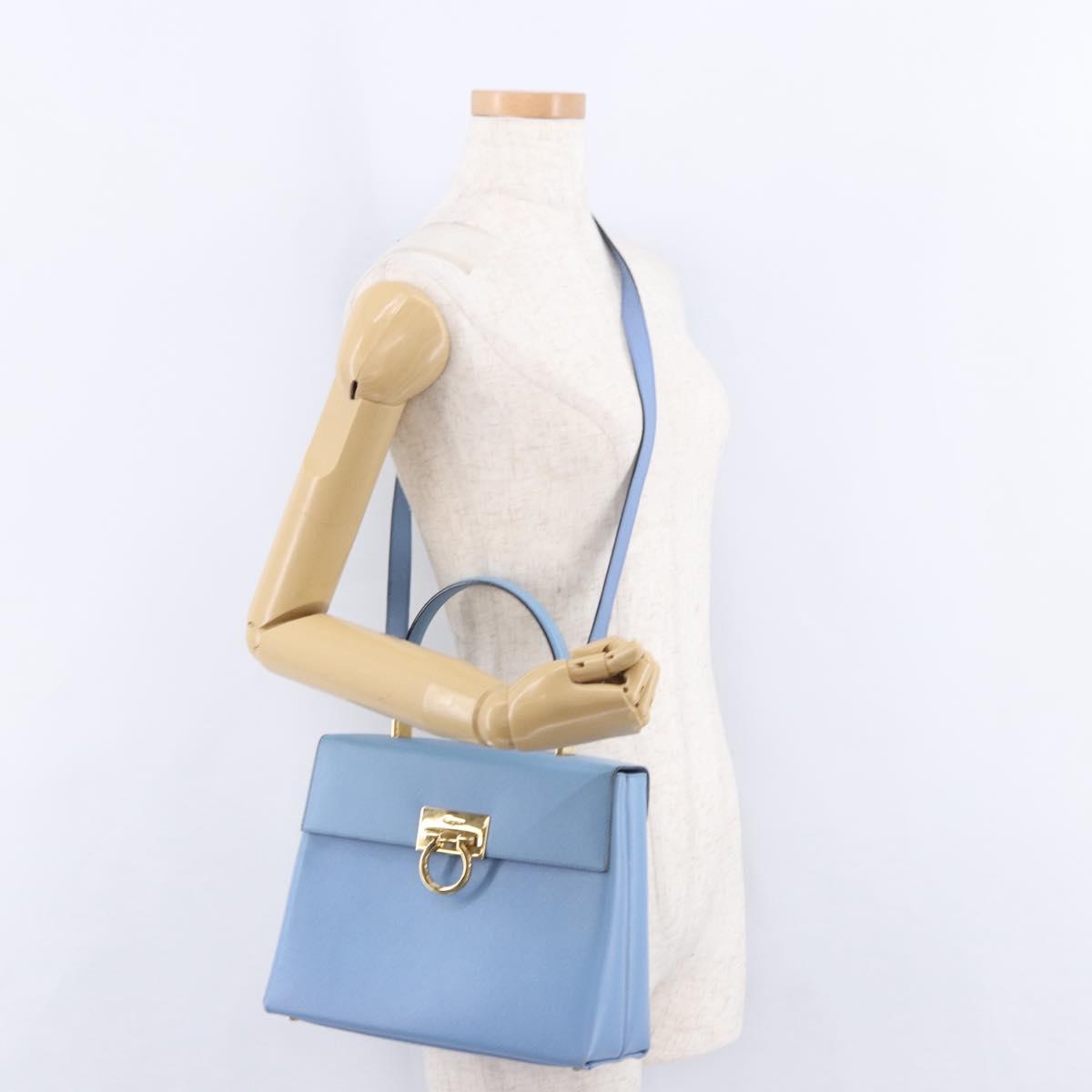 Salvatore Ferragamo Gancini Hand Bag Leather 2way Light Blue Gold Auth 194641A