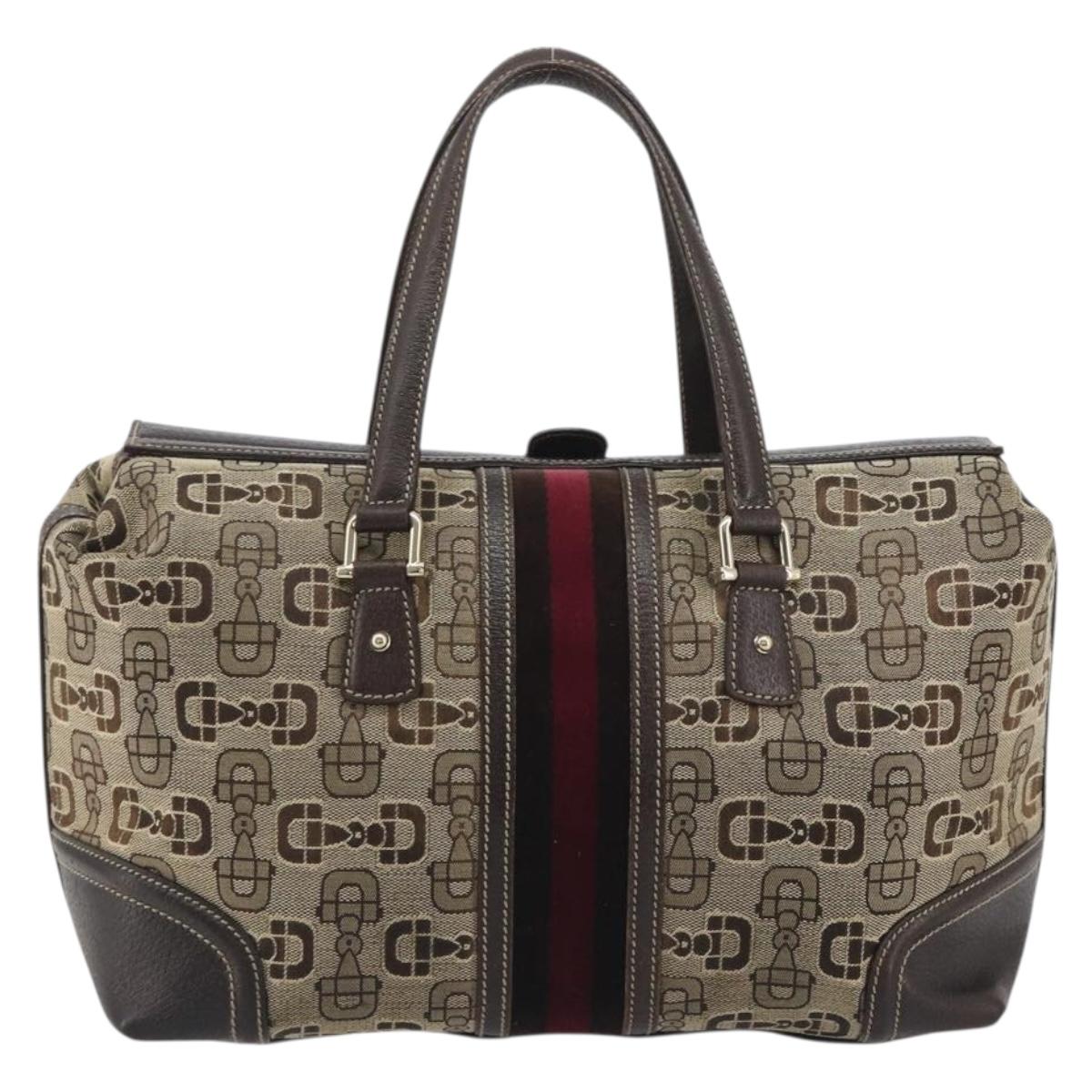 GUCCI Horsebit Sherry Line Boston Bag Canvas Beige Gold 150335 Auth 194651V
