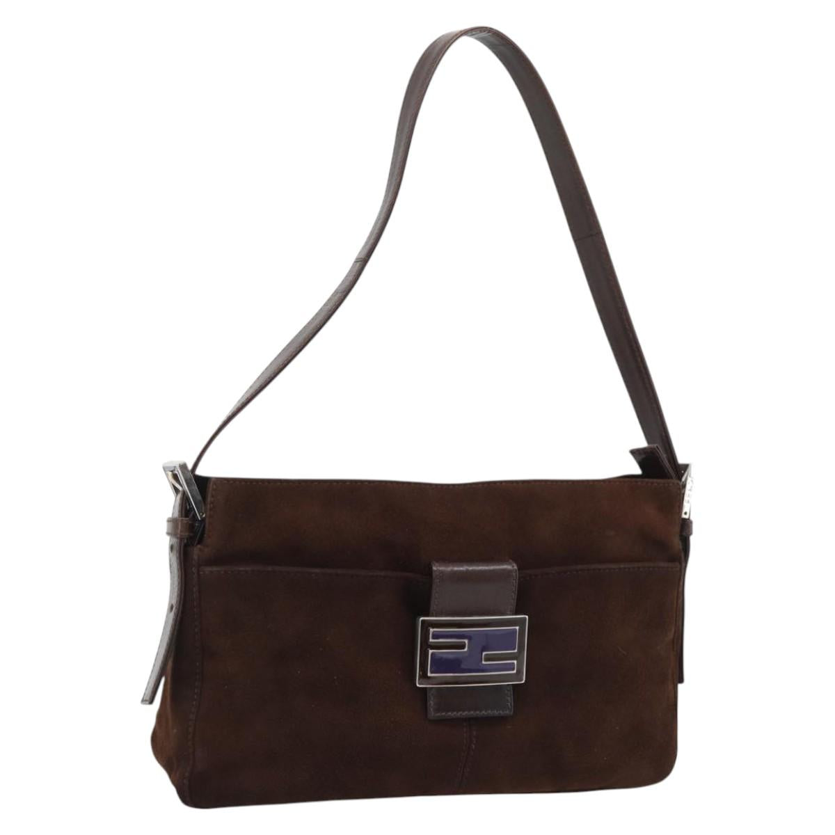 FENDI Mamma Baguette Shoulder Bag Suede Brown Silver Auth 194652V