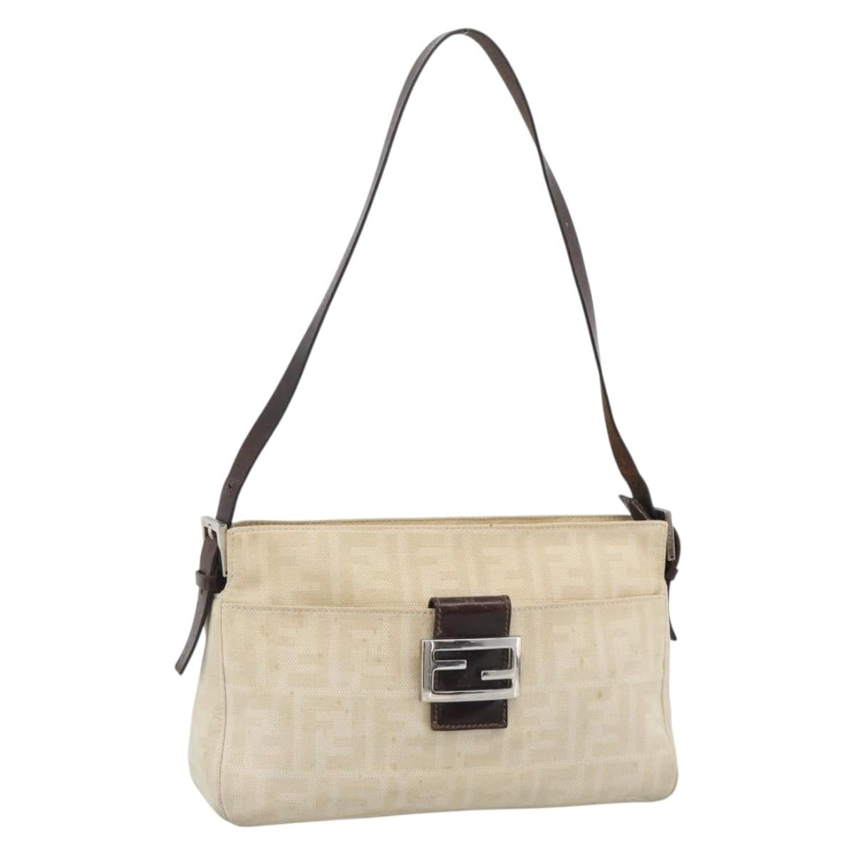 FENDI Zucca Canvas Mamma Baguette Shoulder Bag Ivory Silver Auth 194658