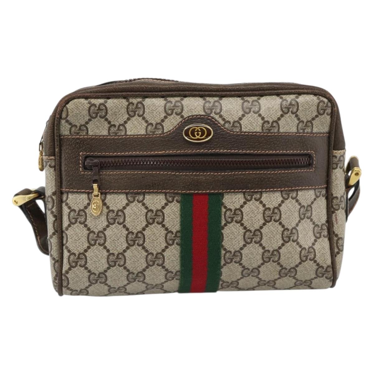 GUCCI GG Supreme Web Sherry Line Shoulder Bag PVC Beige Gold Auth 194659A
