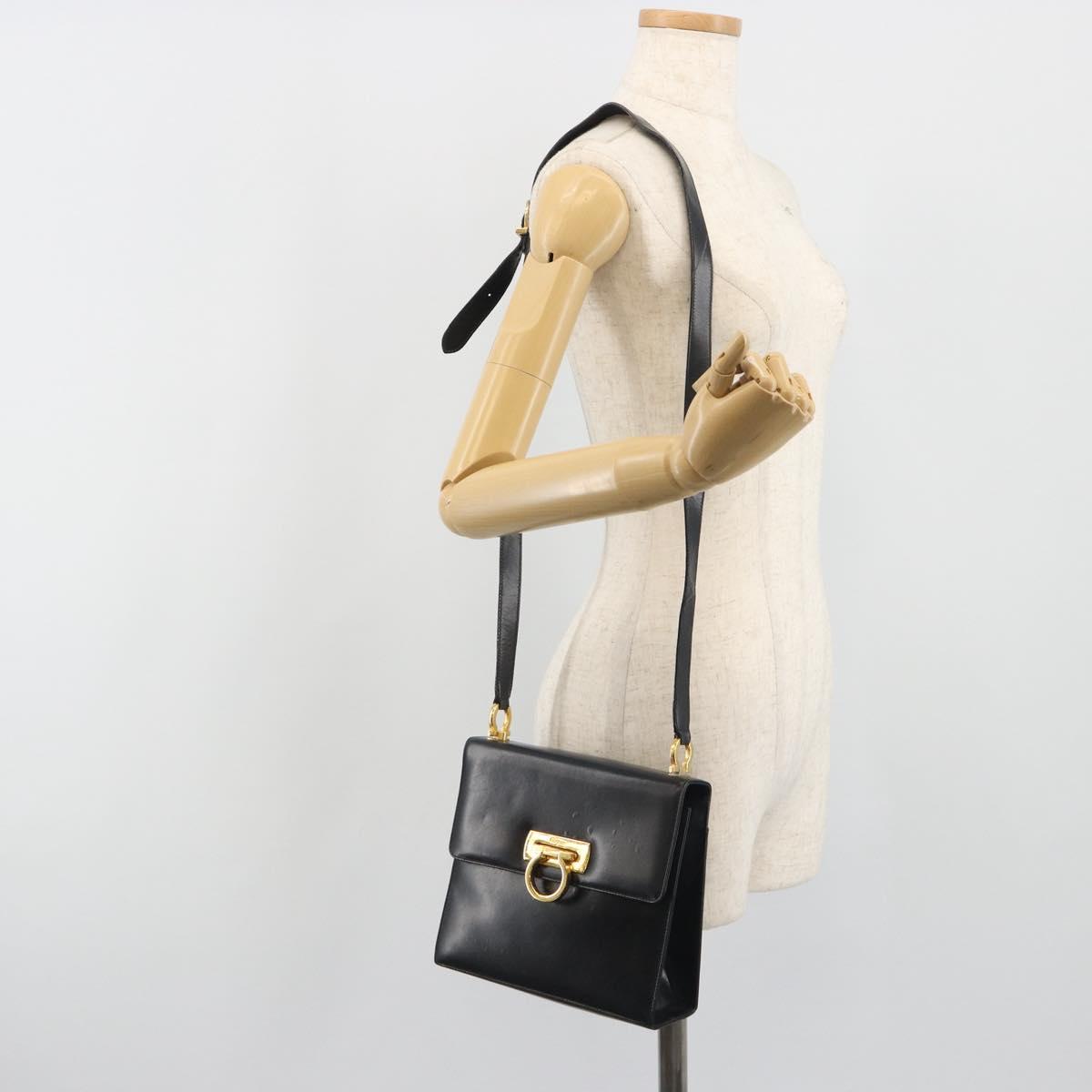 Salvatore Ferragamo Gancini Shoulder Bag Leather Black Gold Auth 194666