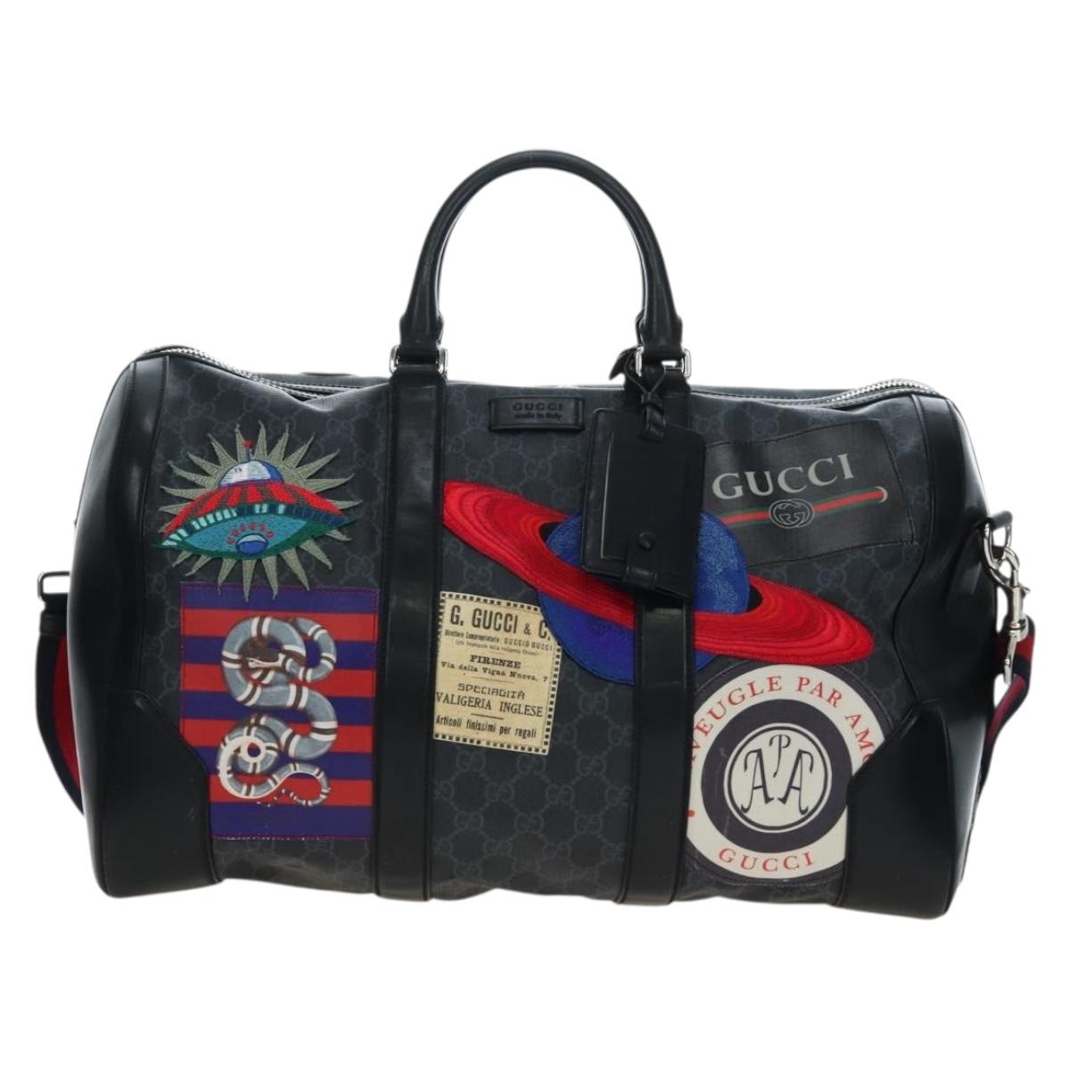 GUCCI GG Supreme Boston Bag PVC 2way Black Silver 474131 Auth 194667M