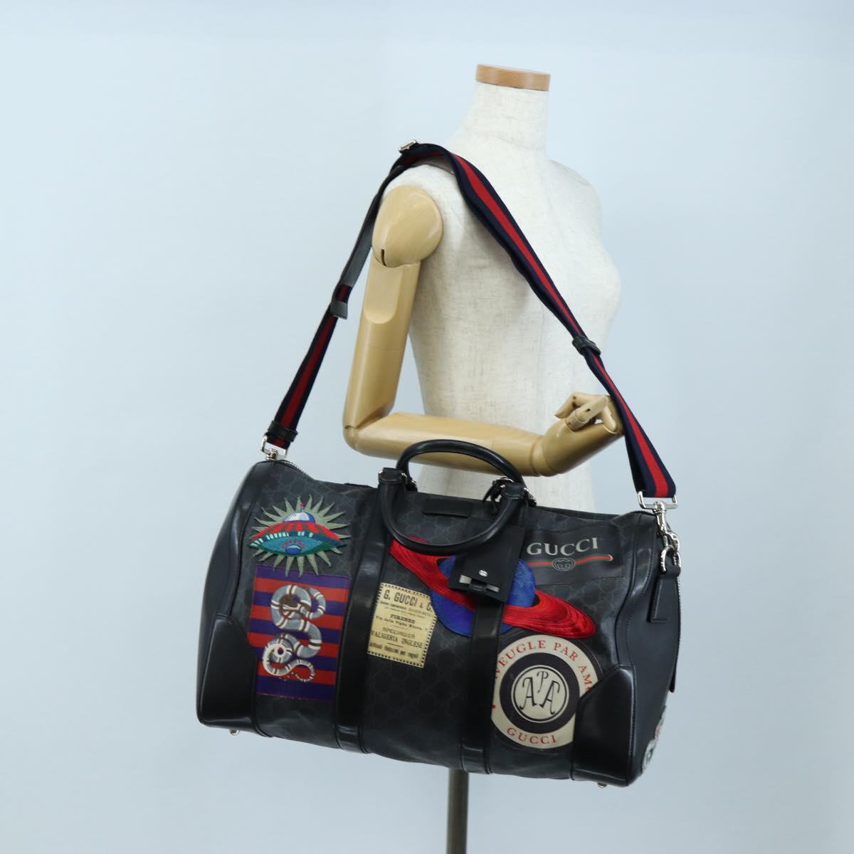 GUCCI GG Supreme Boston Bag PVC 2way Black Silver 474131 Auth 194667M