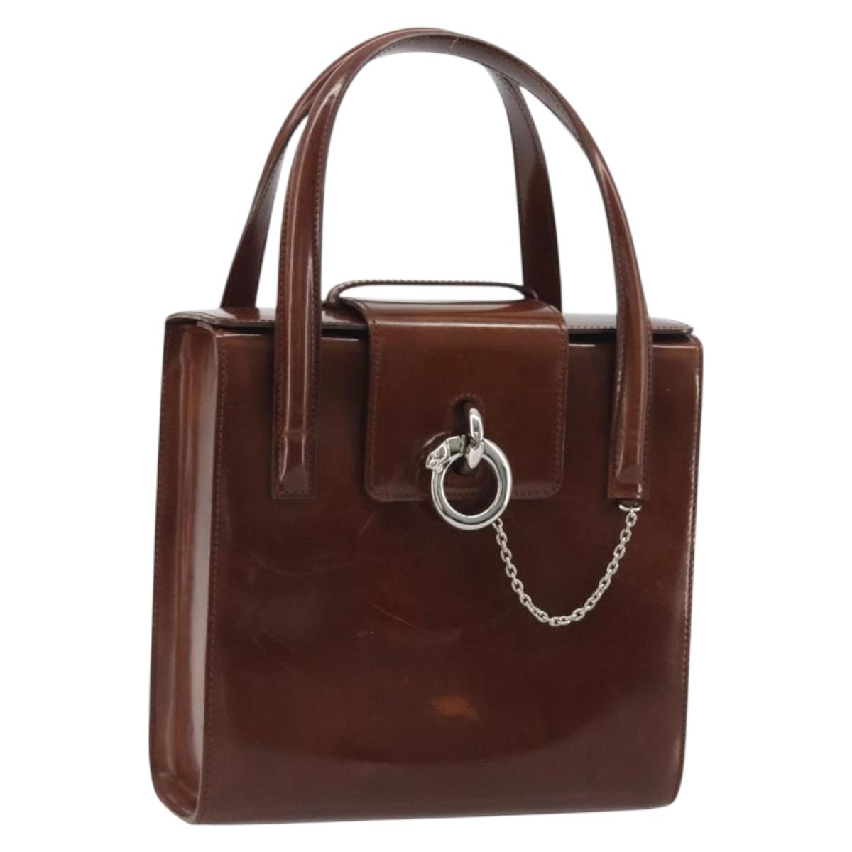 CARTIER PANTHERE Hand Bag Patent leather Brown Silver Auth 194669