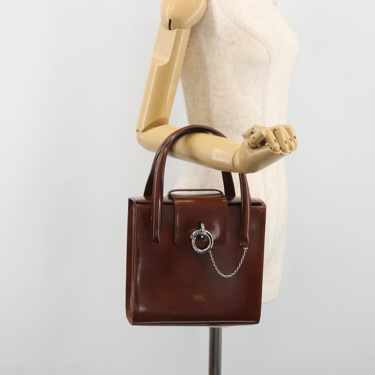 CARTIER PANTHERE Hand Bag Patent leather Brown Silver Auth 194669