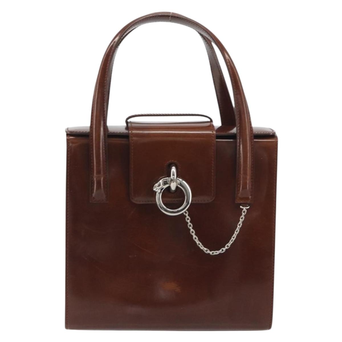 CARTIER PANTHERE Hand Bag Patent leather Brown Silver Auth 194669