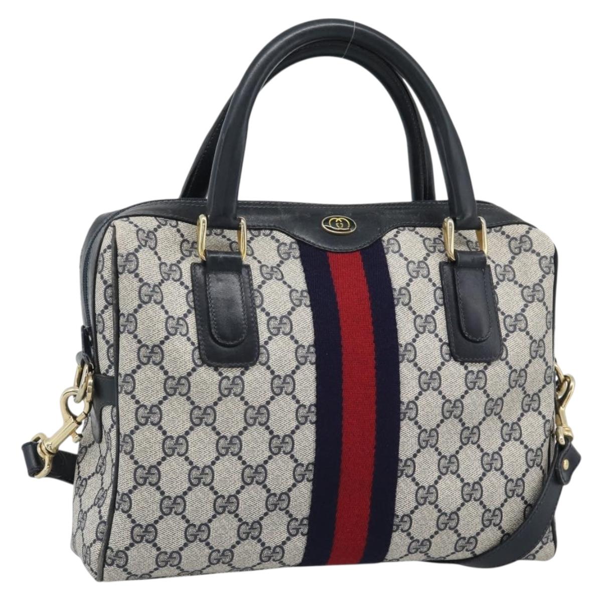 GUCCI GG Supreme Sherry Line Boston Bag PVC 2way Navy Gold Auth 194672V
