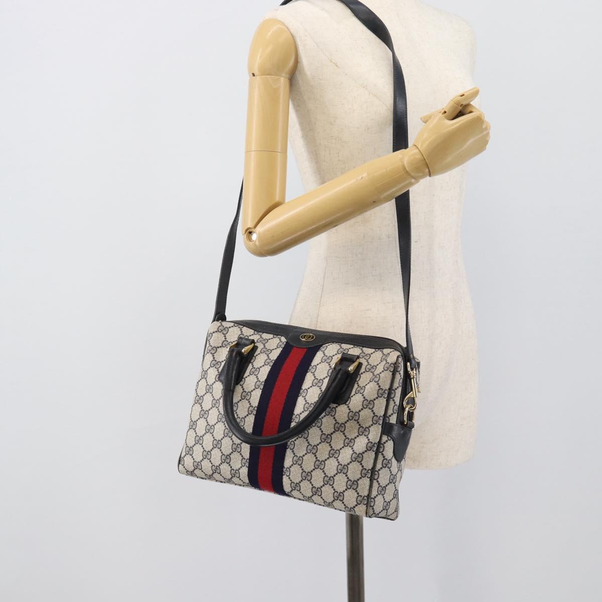 GUCCI GG Supreme Sherry Line Boston Bag PVC 2way Navy Gold Auth 194672V