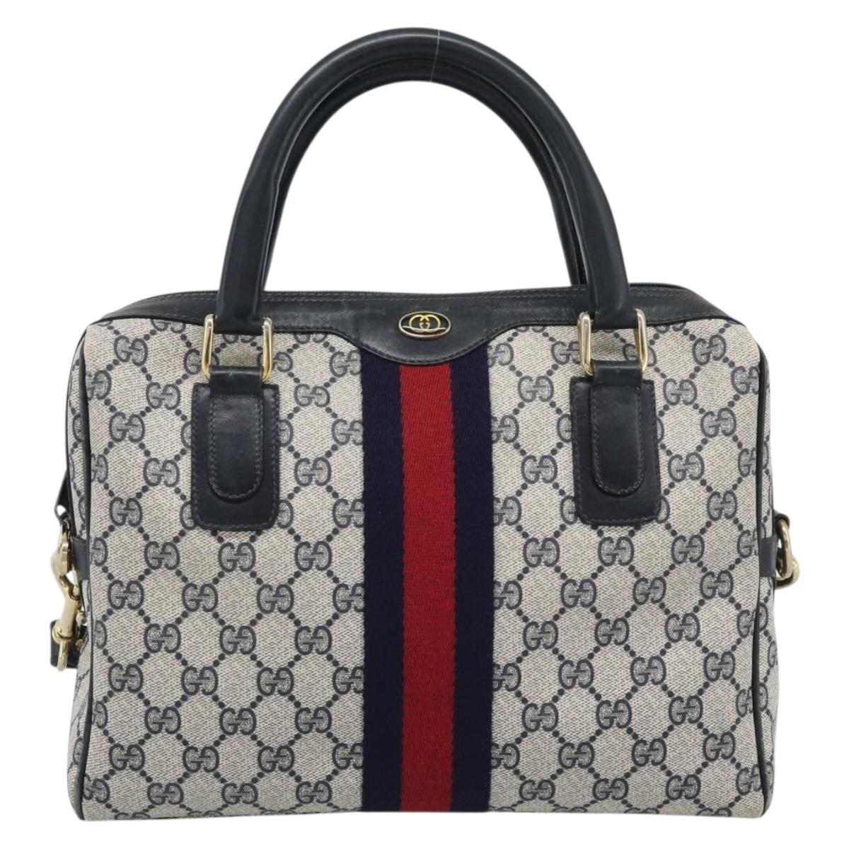 GUCCI GG Supreme Sherry Line Boston Bag PVC 2way Navy Gold Auth 194672V