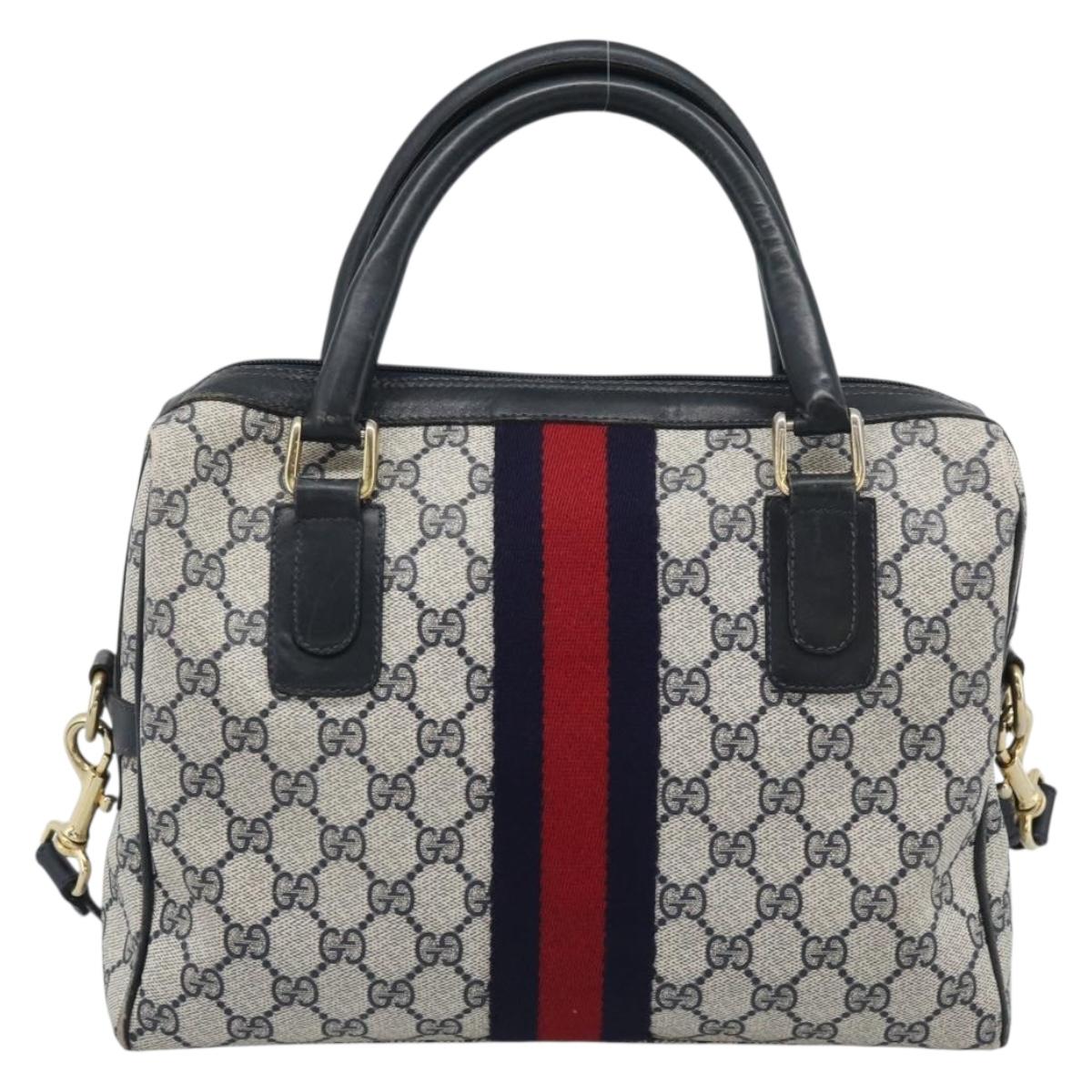 GUCCI GG Supreme Sherry Line Boston Bag PVC 2way Navy Gold Auth 194672V