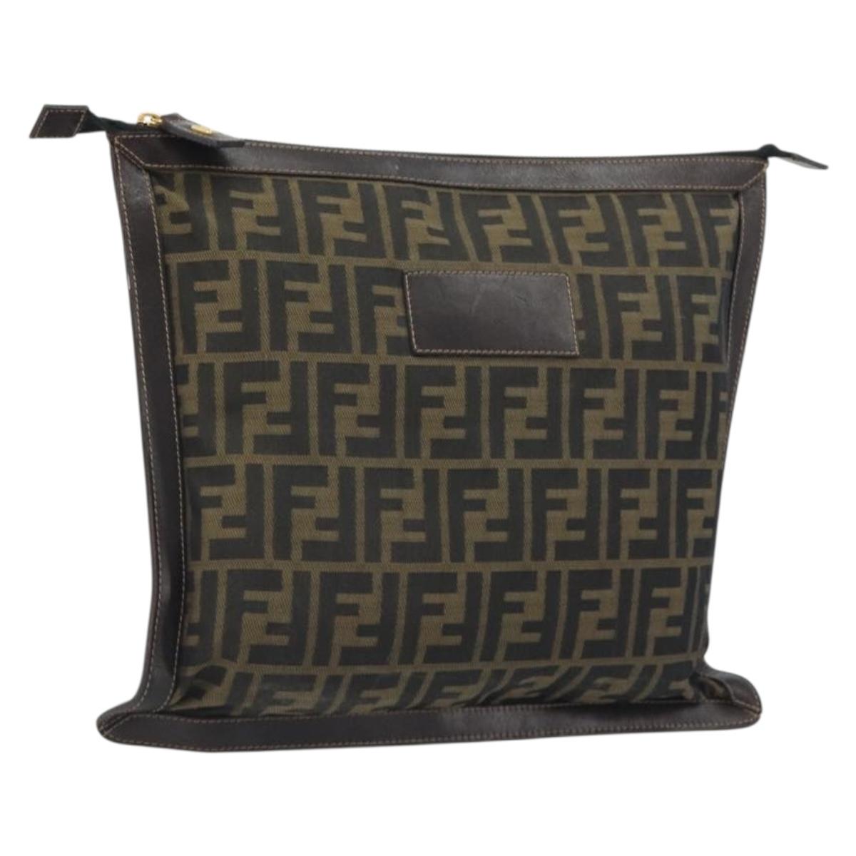 FENDI Zucca Canvas Clutch Bag Black Brown Auth 194673
