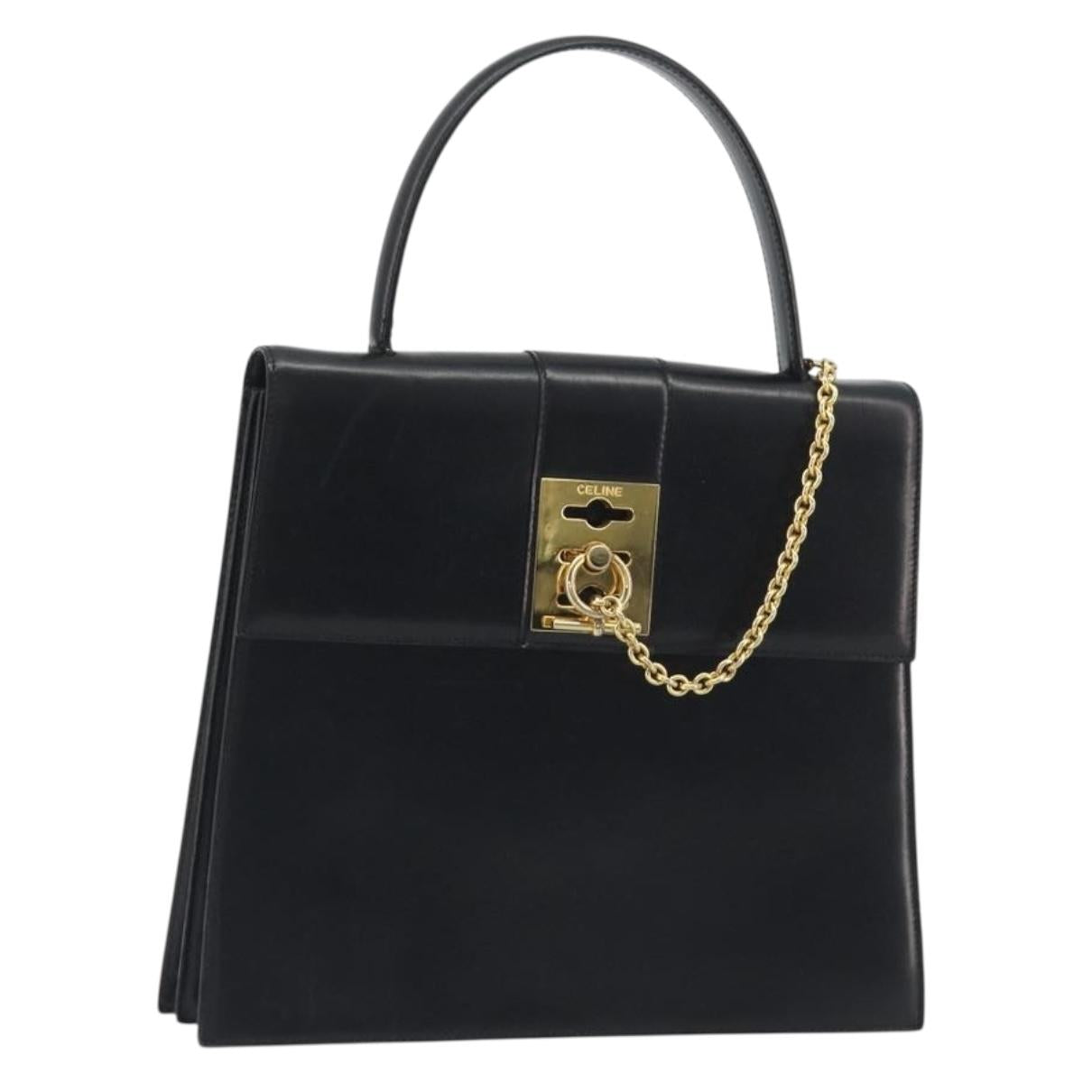 CELINE Hand Bag Leather Black Gold Auth 194674A