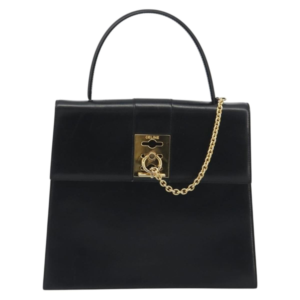 CELINE Hand Bag Leather Black Gold Auth 194674A
