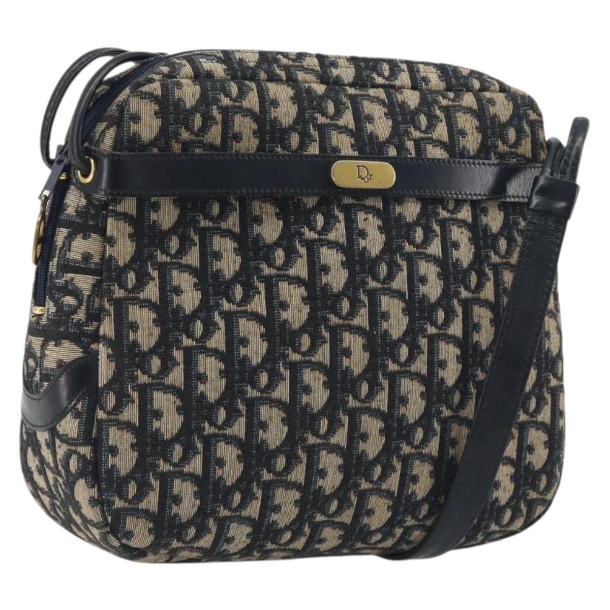 Christian Dior Trotter Canvas Shoulder Bag Navy Gold Auth 194680A