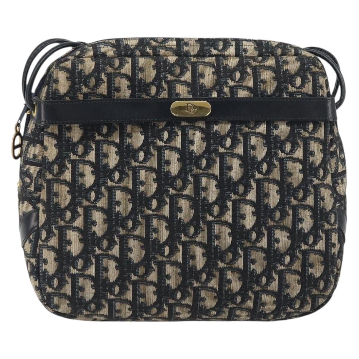 Christian Dior Trotter Canvas Shoulder Bag Navy Gold Auth 194680A