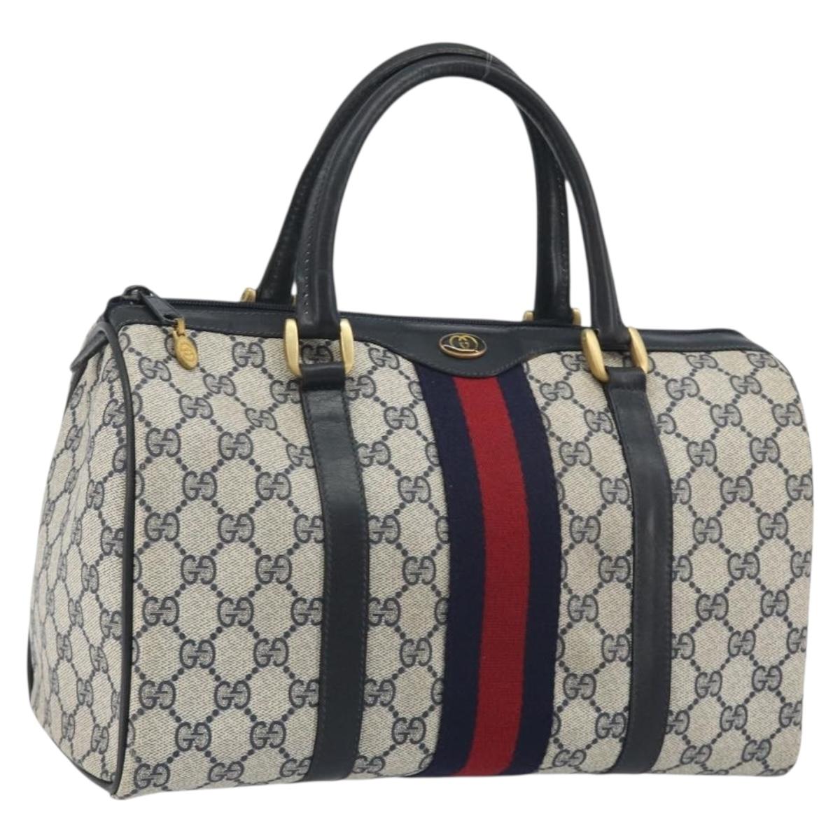 GUCCI GG Supreme Sherry Line Boston Bag PVC Navy Gold Auth 194684