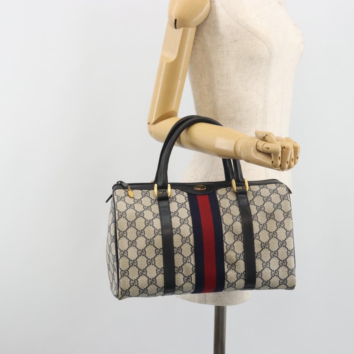 GUCCI GG Supreme Sherry Line Boston Bag PVC Navy Gold Auth 194684