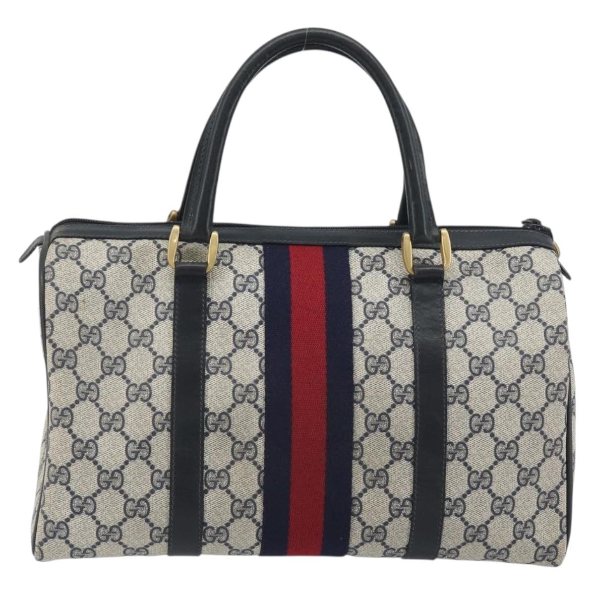 GUCCI GG Supreme Sherry Line Boston Bag PVC Navy Gold Auth 194684