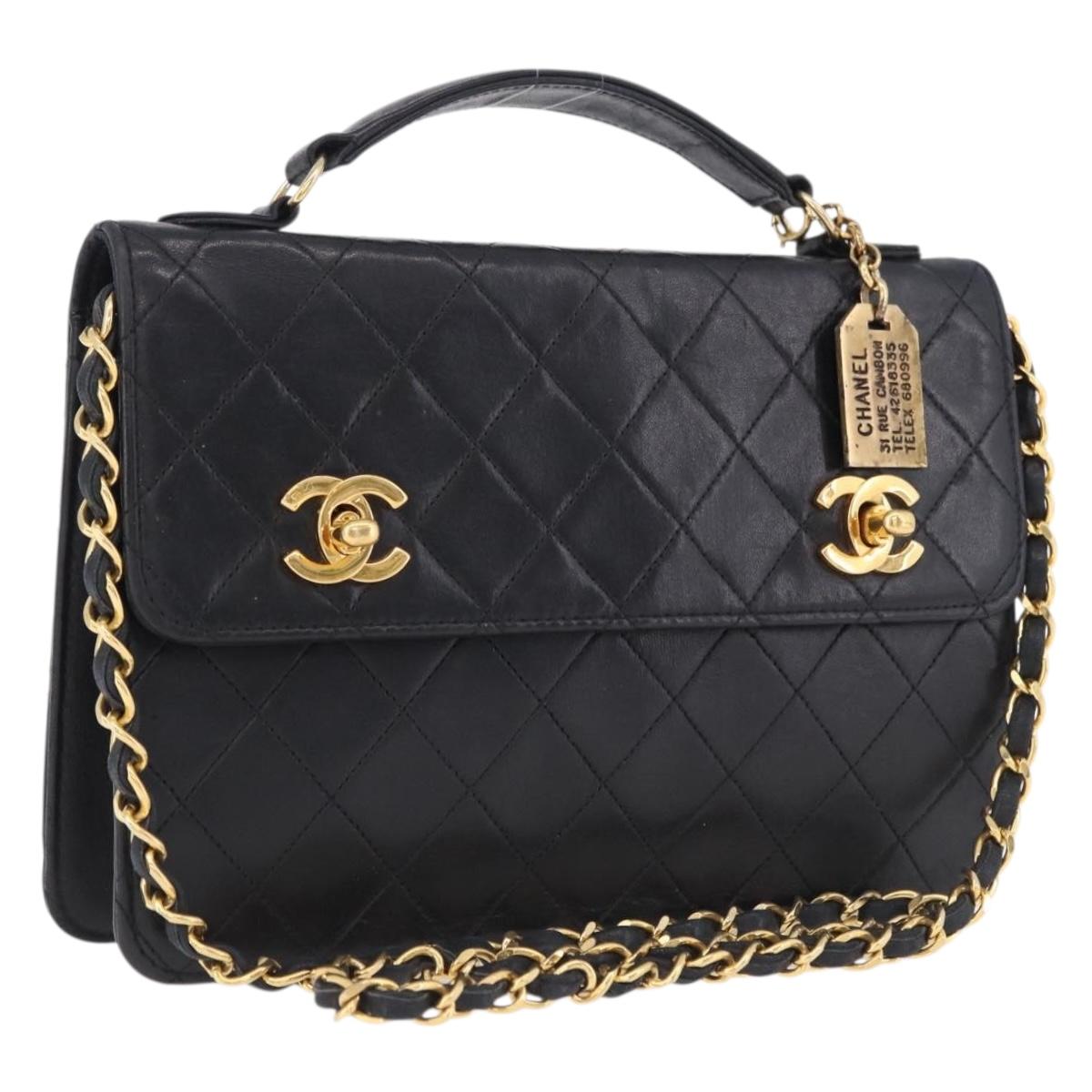 CHANEL Matelasse Chain Shoulder Bag Lamb Skin 2way Black Gold CC Auth 194687SAM