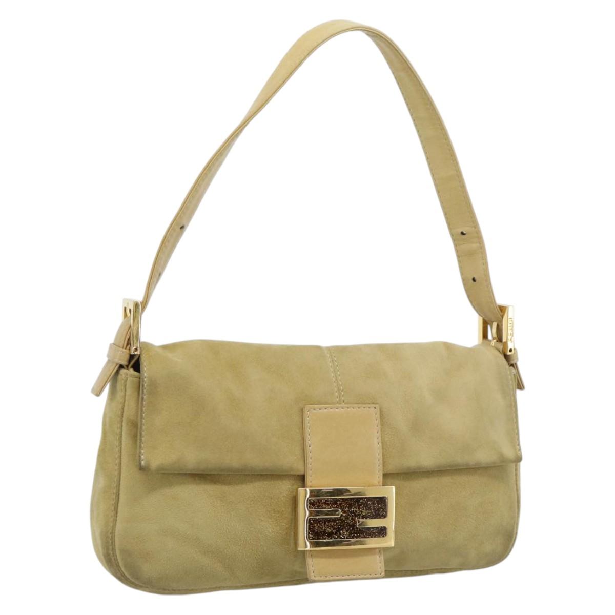 FENDI Mamma Baguette Shoulder Bag Suede Beige Gold Auth 194704V