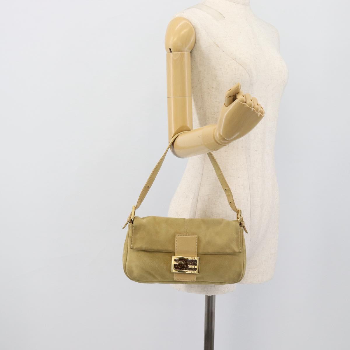 FENDI Mamma Baguette Shoulder Bag Suede Beige Gold Auth 194704V