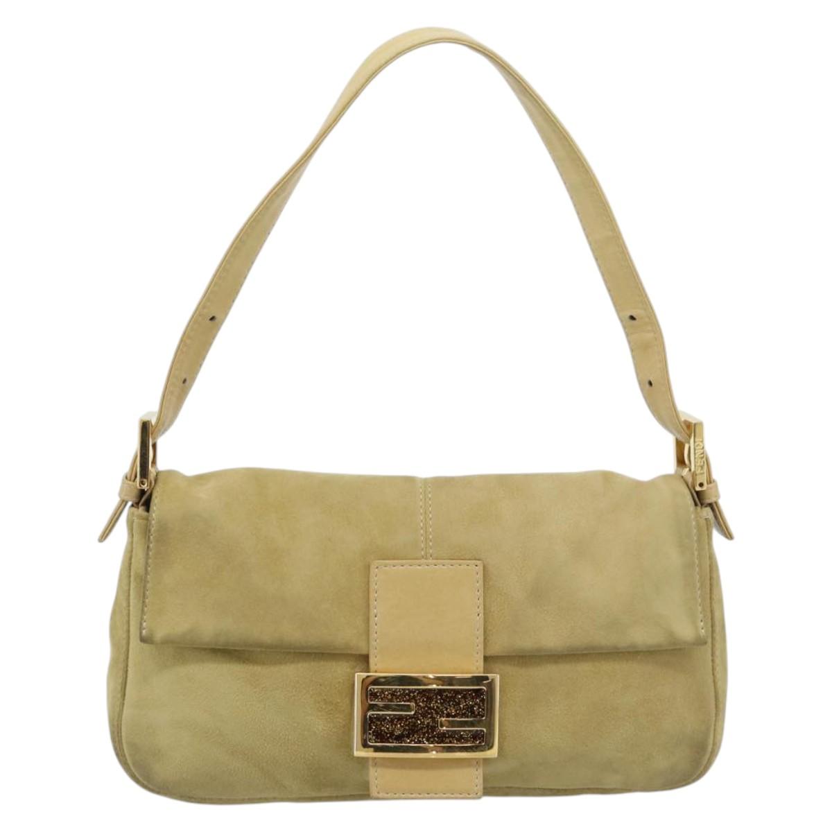 FENDI Mamma Baguette Shoulder Bag Suede Beige Gold Auth 194704V