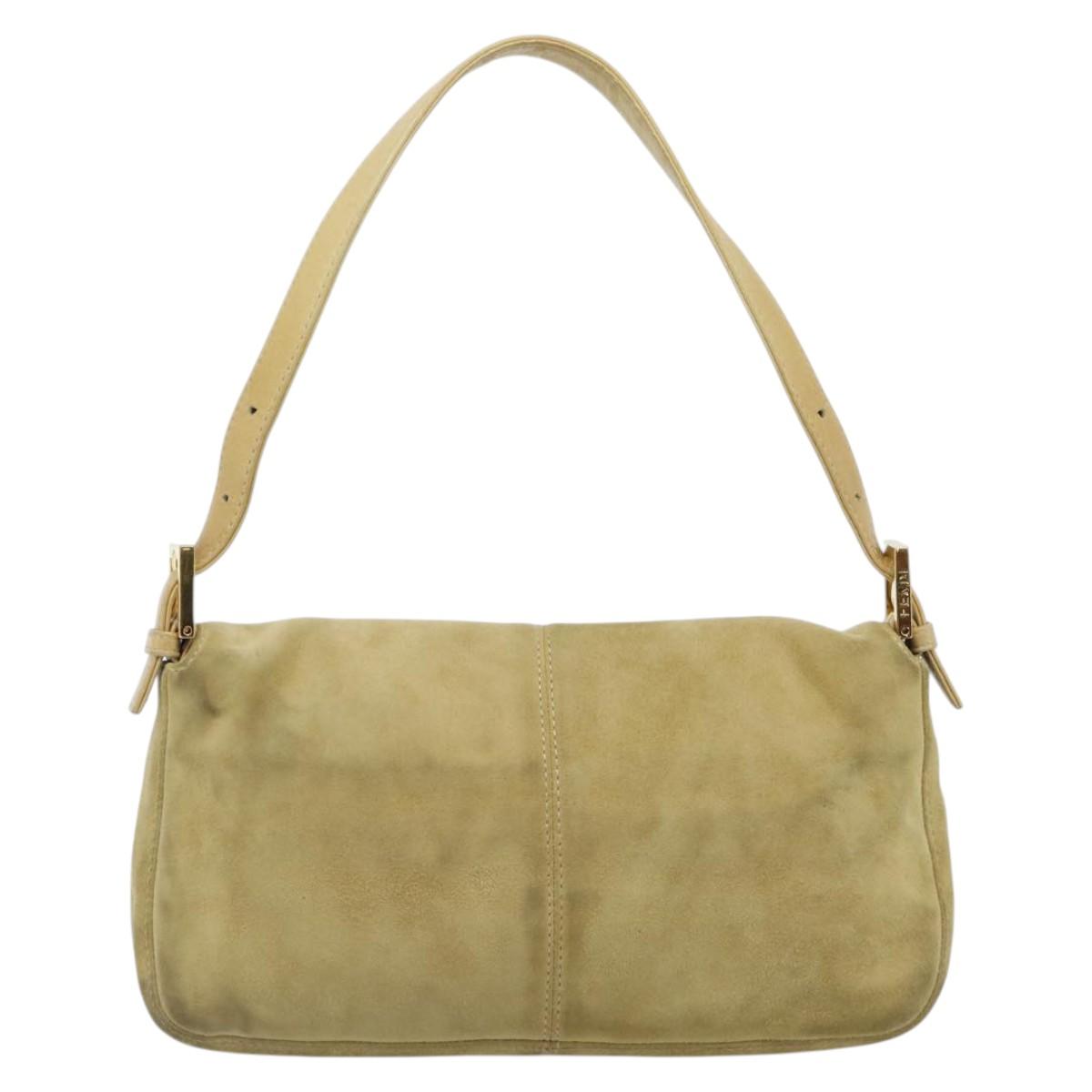 FENDI Mamma Baguette Shoulder Bag Suede Beige Gold Auth 194704V