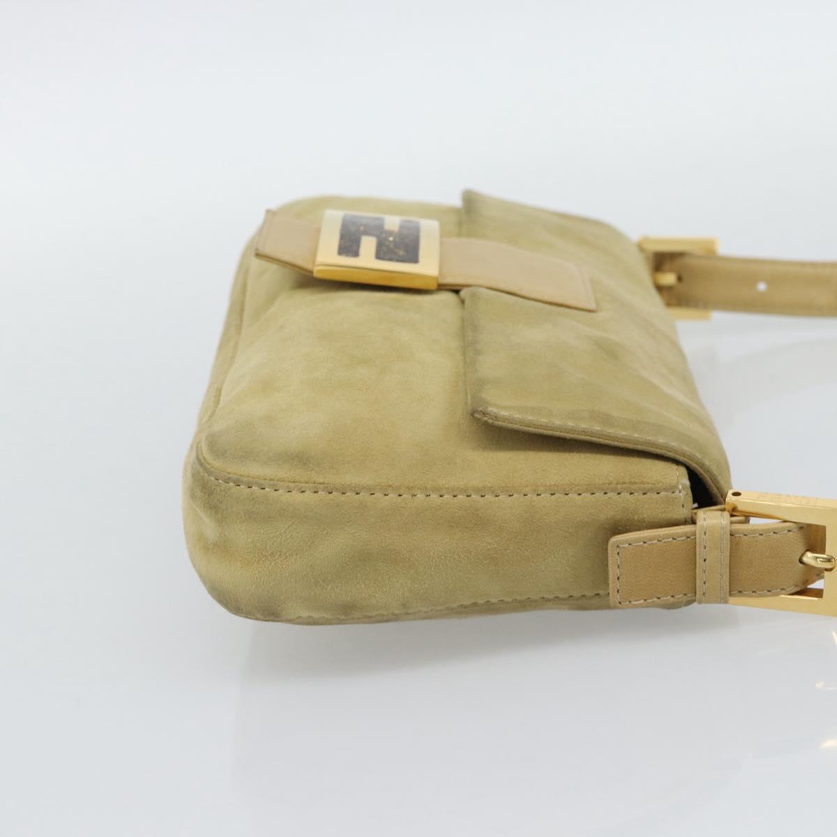 FENDI Mamma Baguette Shoulder Bag Suede Beige Gold Auth 194704V