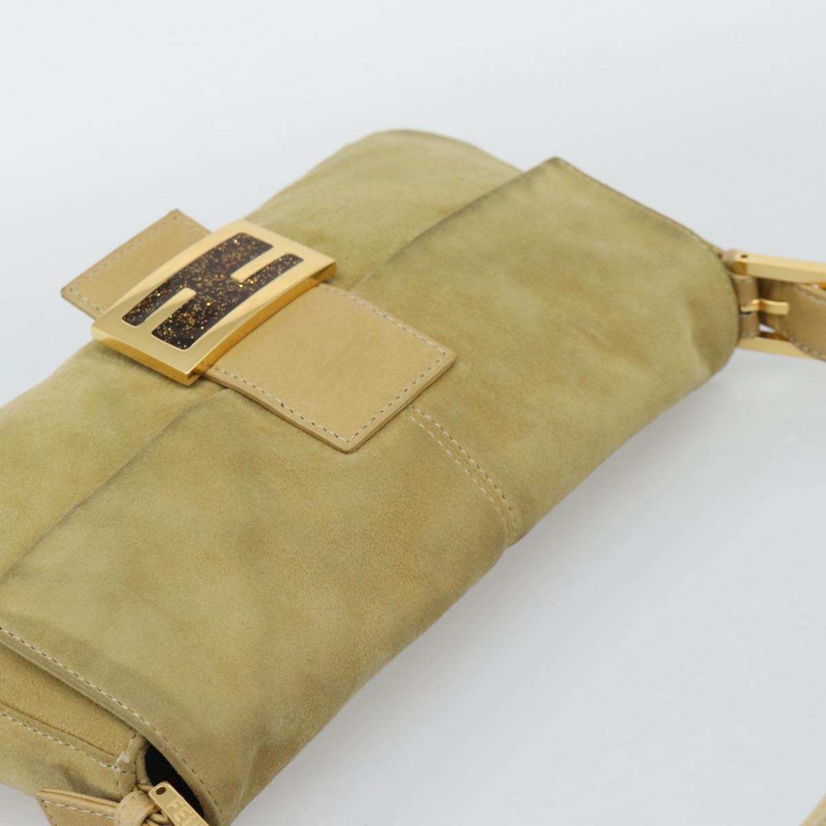 FENDI Mamma Baguette Shoulder Bag Suede Beige Gold Auth 194704V